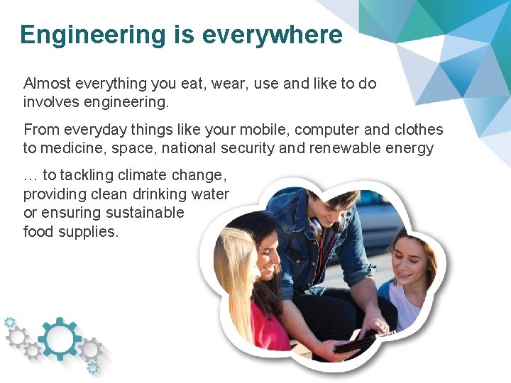 Engineering is everywhere Almost everything you eat, wear, use and like to do involves