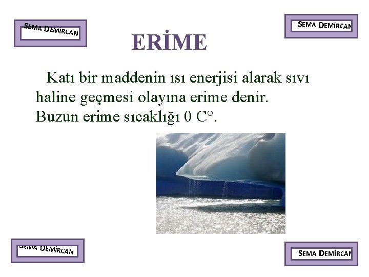 SEMA DEM İRCAN ERİME SEMA DEMİRCAN Katı bir maddenin ısı enerjisi alarak sıvı haline