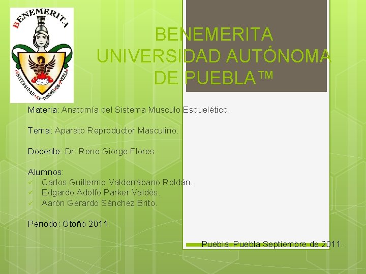 BENEMERITA UNIVERSIDAD AUTÓNOMA DE PUEBLA™ Materia: Anatomía del Sistema Musculo Esquelético. Tema: Aparato Reproductor