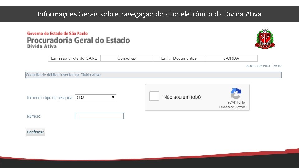 Informações Gerais sobre navegação do sitio eletrônico da Dívida Ativa 