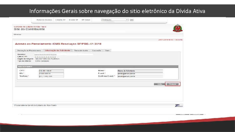 Informações Gerais sobre navegação do sitio eletrônico da Dívida Ativa 