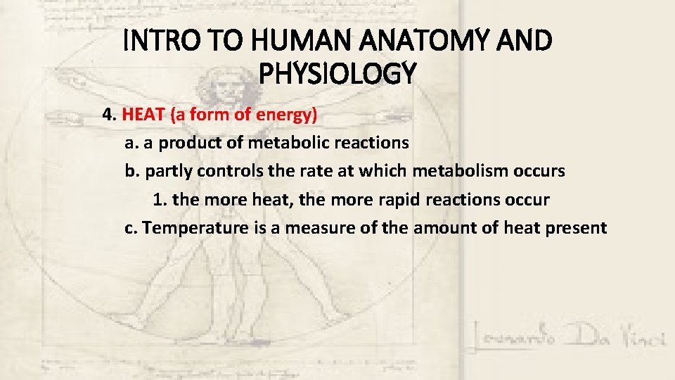 INTRO TO HUMAN ANATOMY AND PHYSIOLOGY 4. HEAT (a form of energy) a. a