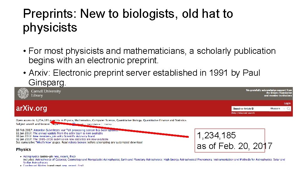 Preprints: New to biologists, old hat to physicists • For most physicists and mathematicians,