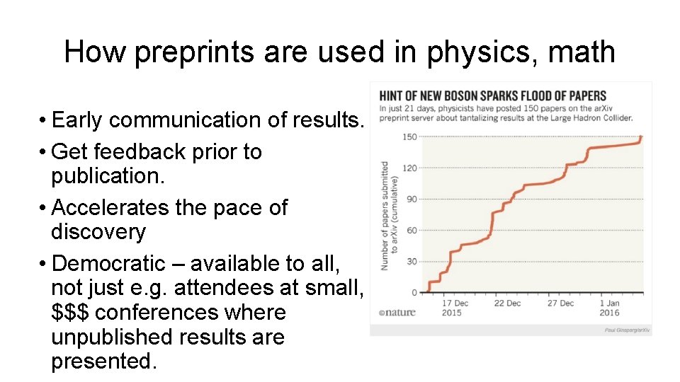 How preprints are used in physics, math • Early communication of results. • Get