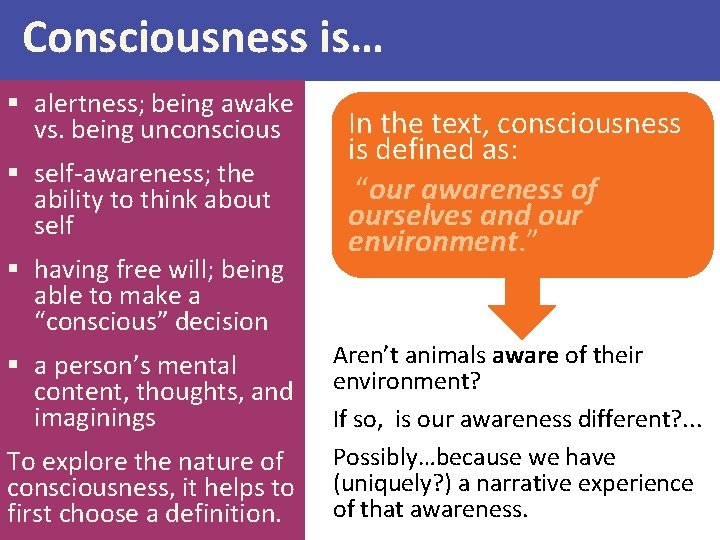 Consciousness is… § alertness; being awake vs. being unconscious § self-awareness; the ability to