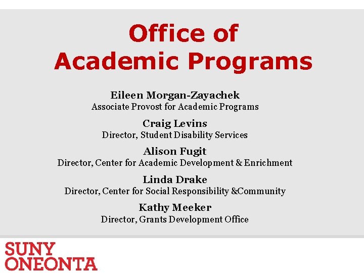 Office of Academic Programs Eileen Morgan-Zayachek Associate Provost for Academic Programs Craig Levins Director,