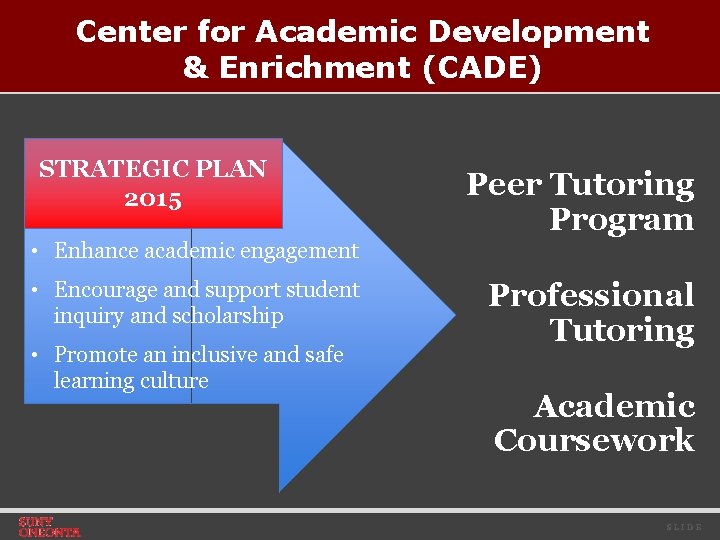 Center for Academic Development & Enrichment (CADE) STRATEGIC PLAN 2015 Peer Tutoring Program •