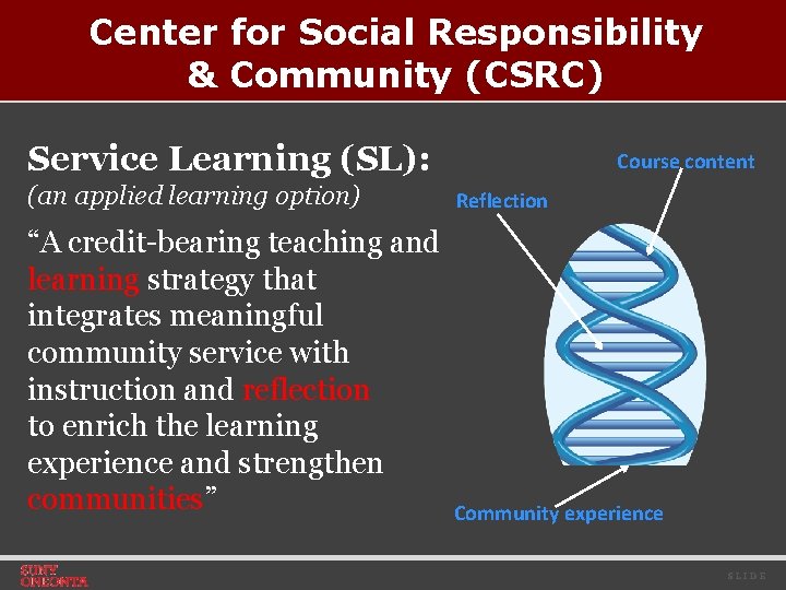Center for Social Responsibility & Community (CSRC) Service Learning (SL): Course content (an applied