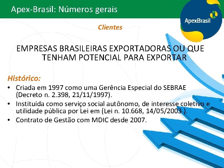 Apex-Brasil: Números gerais Clientes EMPRESAS BRASILEIRAS EXPORTADORAS OU QUE TENHAM POTENCIAL PARA EXPORTAR Histórico: