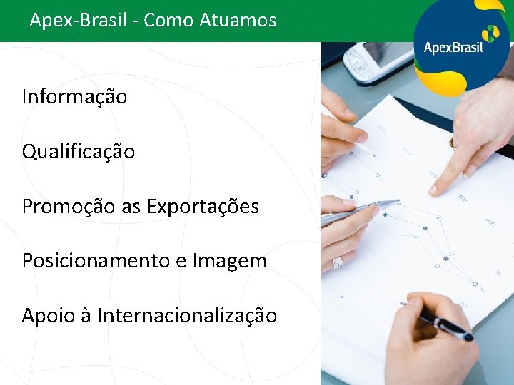 Apex-Brasil - Como Atuamos Informação Qualificação Promoção as Exportações Posicionamento e Imagem Apoio à