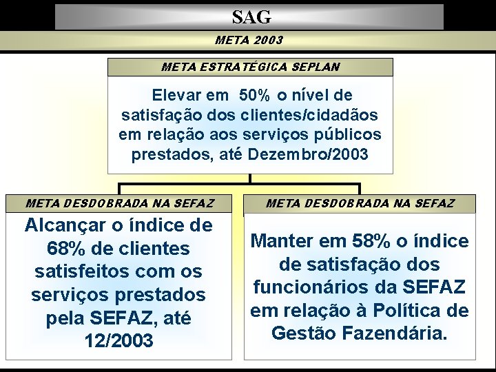 SAG META 2003 META ESTRATÉGICA SEPLAN Elevar em 50% o nível de satisfação dos