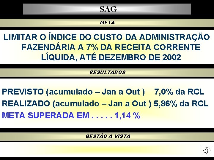 SAG META LIMITAR O ÍNDICE DO CUSTO DA ADMINISTRAÇÃO FAZENDÁRIA A 7% DA RECEITA