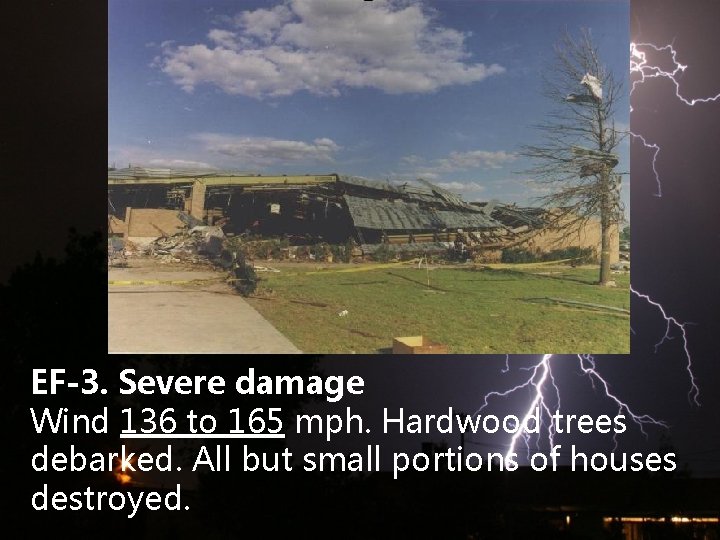 EF-3. Severe damage Wind 136 to 165 mph. Hardwood trees debarked. All but small