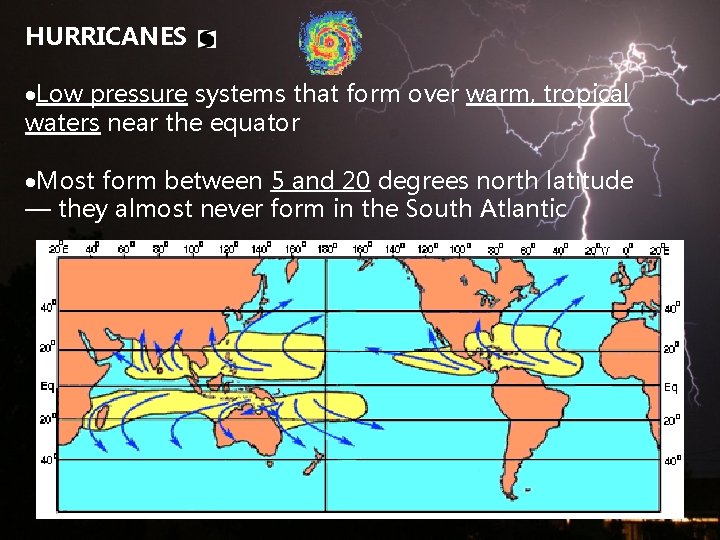 HURRICANES Low pressure systems that form over warm, tropical waters near the equator Most