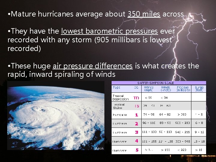  • Mature hurricanes average about 350 miles across • They have the lowest