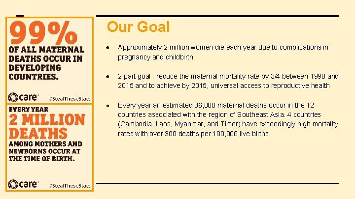Our Goal ● Approximately 2 million women die each year due to complications in