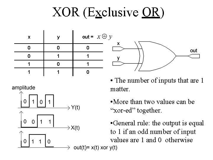 XOR (Exclusive OR) x y out = 0 0 1 1 1 0 •