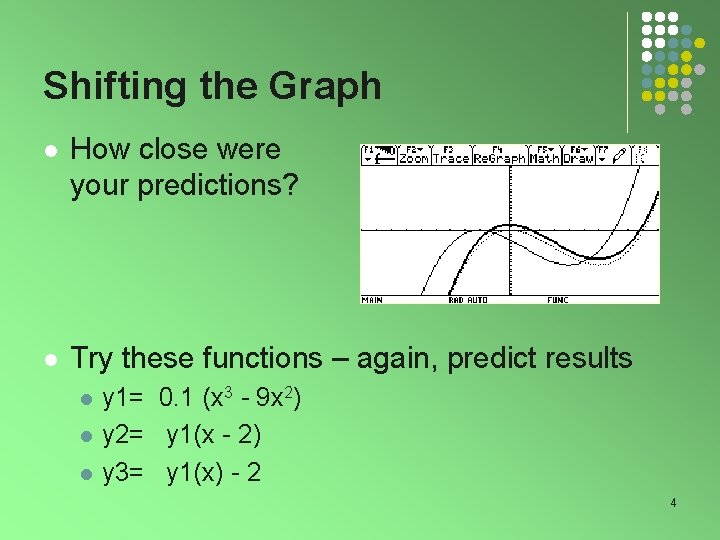 Shifting the Graph l How close were your predictions? l Try these functions – Shifting the Graph l How close were your predictions? l Try these functions –
