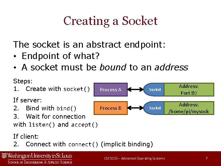 Creating a Socket The socket is an abstract endpoint: • Endpoint of what? •