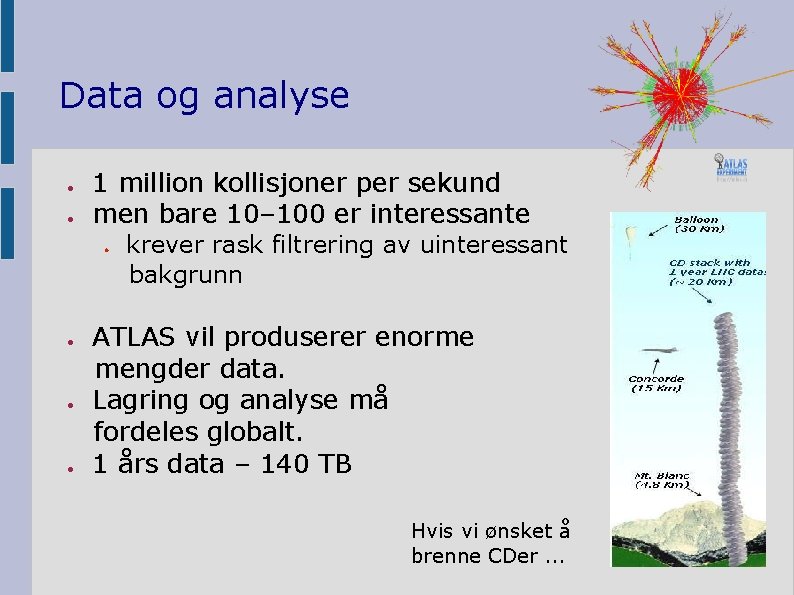 Data og analyse ● ● 1 million kollisjoner per sekund men bare 10– 100