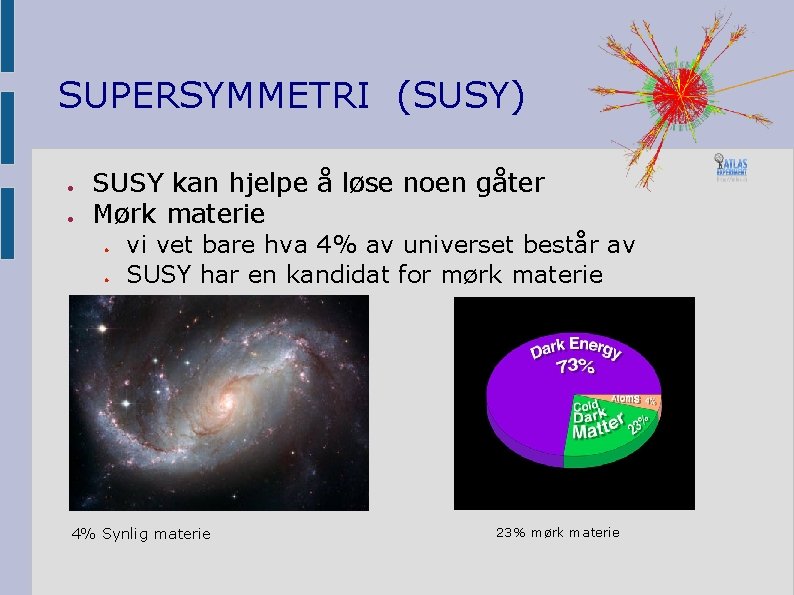 SUPERSYMMETRI (SUSY) ● ● SUSY kan hjelpe å løse noen gåter Mørk materie ●
