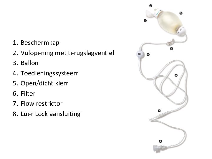 1. 2. 3. 4. 5. 6. 7. 8. Beschermkap Vulopening met terugslagventiel Ballon Toedieningssysteem