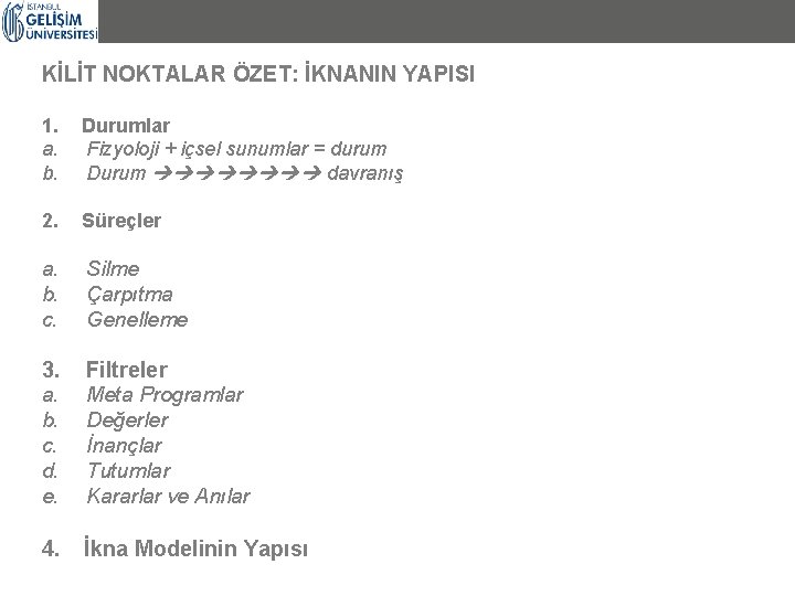 KİLİT NOKTALAR ÖZET: İKNANIN YAPISI 1. a. b. Durumlar Fizyoloji + içsel sunumlar = KİLİT NOKTALAR ÖZET: İKNANIN YAPISI 1. a. b. Durumlar Fizyoloji + içsel sunumlar =