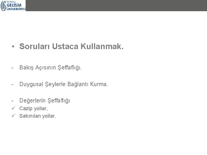  • Soruları Ustaca Kullanmak. - Bakış Açısının Şeffaflığı. - Duygusal Şeylerle Bağlantı Kurma.