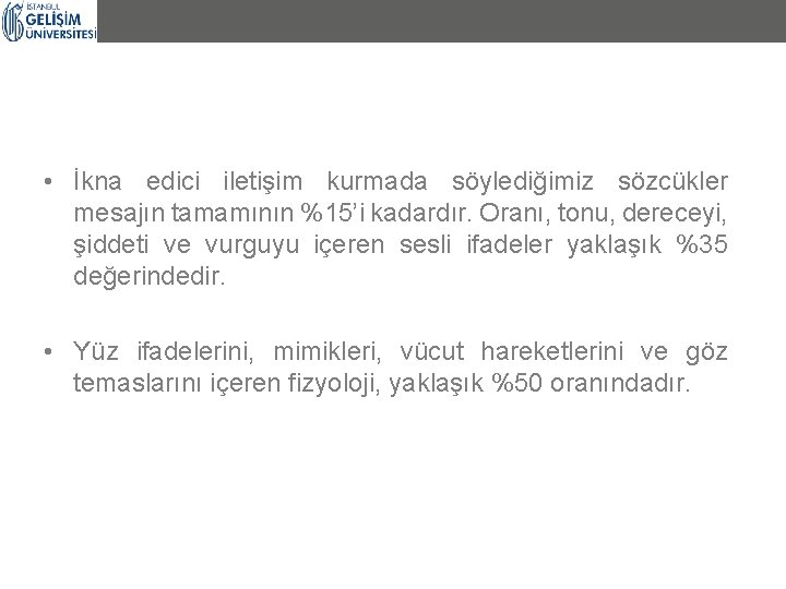  • İkna edici iletişim kurmada söylediğimiz sözcükler mesajın tamamının %15’i kadardır. Oranı, tonu,