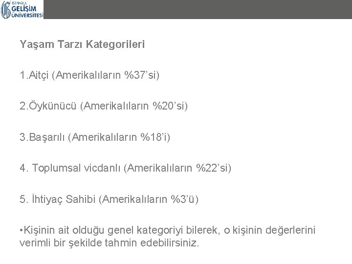 Yaşam Tarzı Kategorileri 1. Aitçi (Amerikalıların %37’si) 2. Öykünücü (Amerikalıların %20’si) 3. Başarılı (Amerikalıların