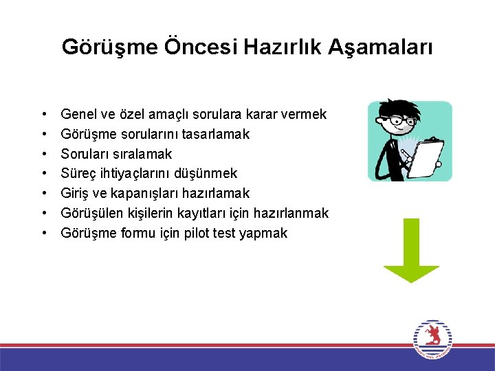 Görüşme Öncesi Hazırlık Aşamaları • • Genel ve özel amaçlı sorulara karar vermek Görüşme