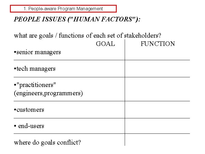 1. People-aware Program Management PEOPLE ISSUES ("HUMAN FACTORS"): what are goals / functions of