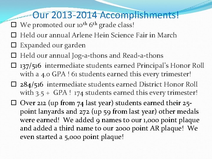 Our 2013 -2014 Accomplishments! We promoted our 10 th 6 th grade class! Held