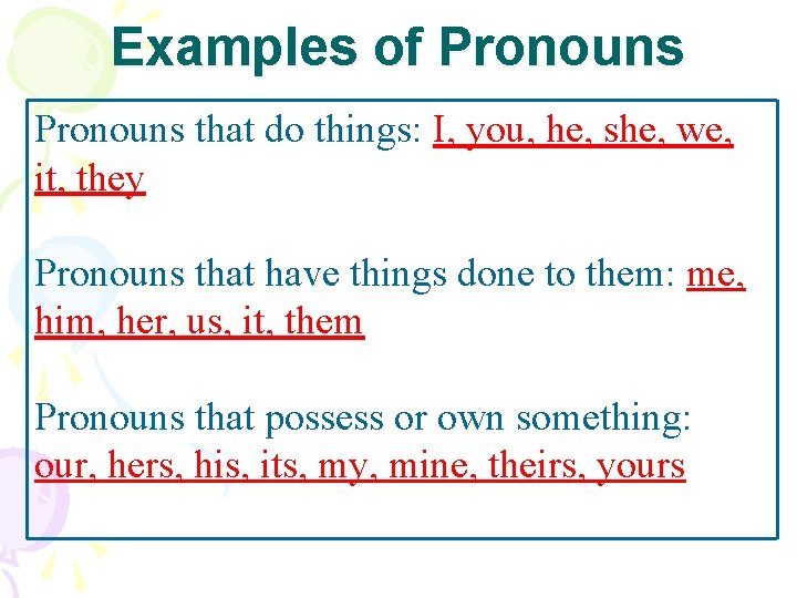 Examples of Pronouns that do things: I, you, he, she, we, it, they Pronouns