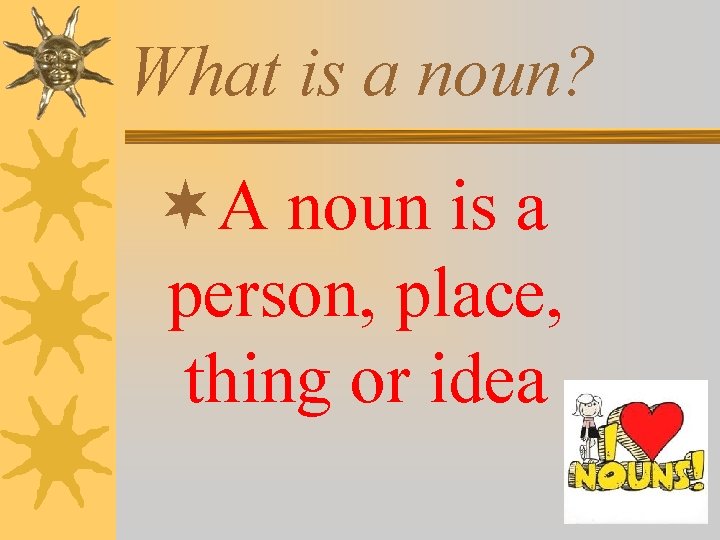 What is a noun? ¬A noun is a person, place, thing or idea 