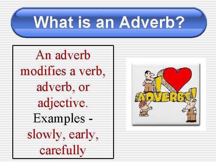 What is an Adverb? An adverb modifies a verb, adverb, or adjective. Examples slowly,