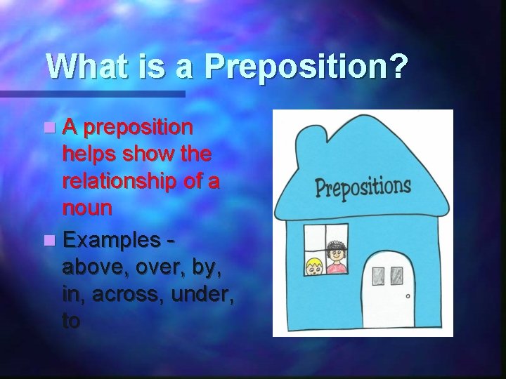 What is a Preposition? n A preposition helps show the relationship of a noun