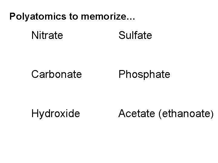 Polyatomics to memorize… Nitrate Sulfate Carbonate Phosphate Hydroxide Acetate (ethanoate) 