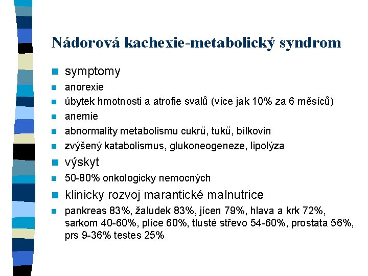 Nádorová kachexie-metabolický syndrom n symptomy n n anorexie úbytek hmotnosti a atrofie svalů (více