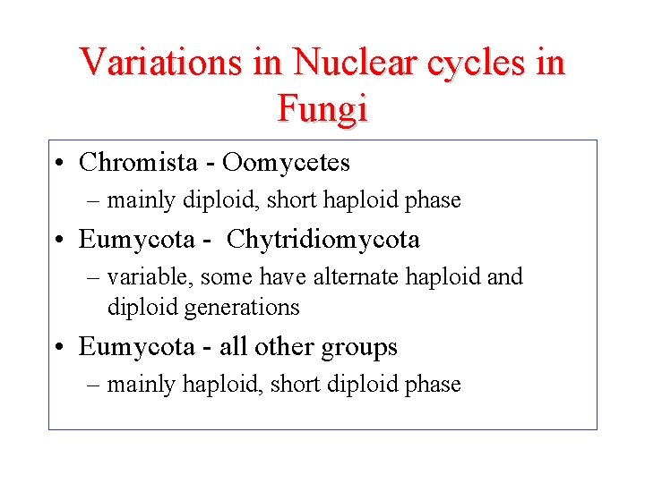 Variations in Nuclear cycles in Fungi • Chromista - Oomycetes – mainly diploid, short