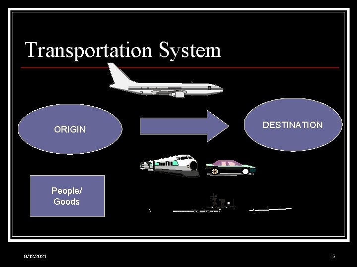 Transportation System ORIGIN DESTINATION People/ Goods 9/12/2021 3 