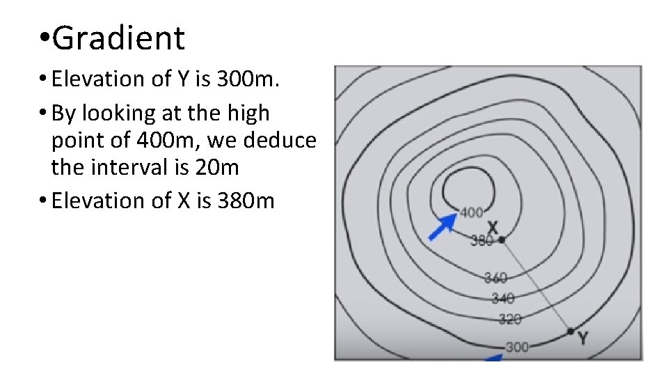  • Gradient • Elevation of Y is 300 m. • By looking at