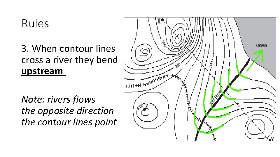 Rules 3. When contour lines cross a river they bend upstream Note: rivers flows