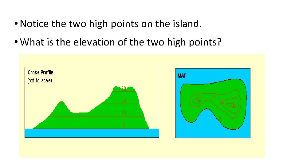  • Notice the two high points on the island. • What is the
