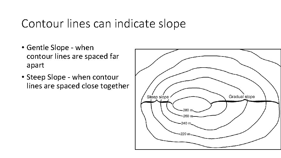 Contour lines can indicate slope • Gentle Slope - when contour lines are spaced