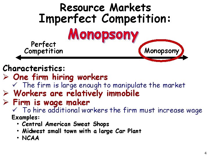 Resource Markets Imperfect Competition: Perfect Competition Monopsony Characteristics: Ø One firm hiring workers ü
