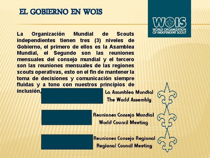 EL GOBIERNO EN WOIS La Organización Mundial de Scouts independientes tienen tres (3) niveles
