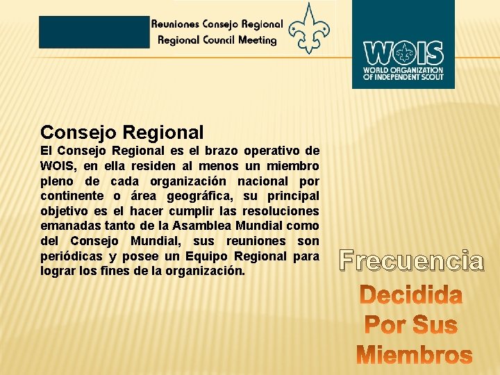 Consejo Regional El Consejo Regional es el brazo operativo de WOIS, en ella residen