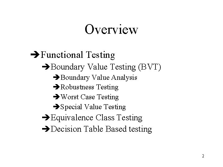 Overview èFunctional Testing èBoundary Value Testing (BVT) èBoundary Value Analysis èRobustness Testing èWorst Case