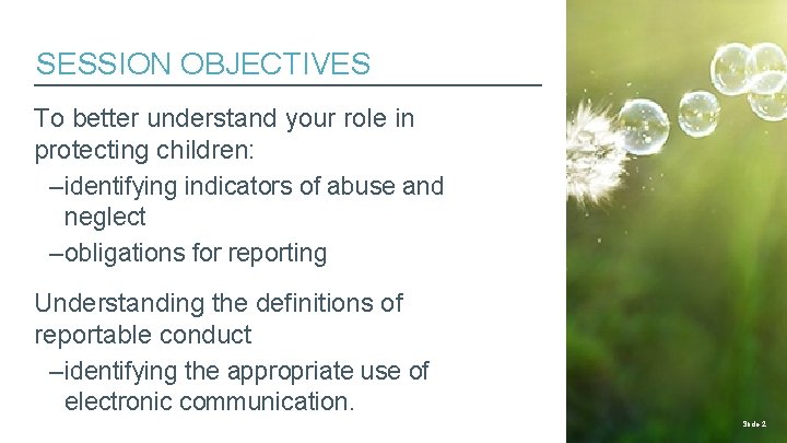 SESSION OBJECTIVES To better understand your role in protecting children: – identifying indicators of